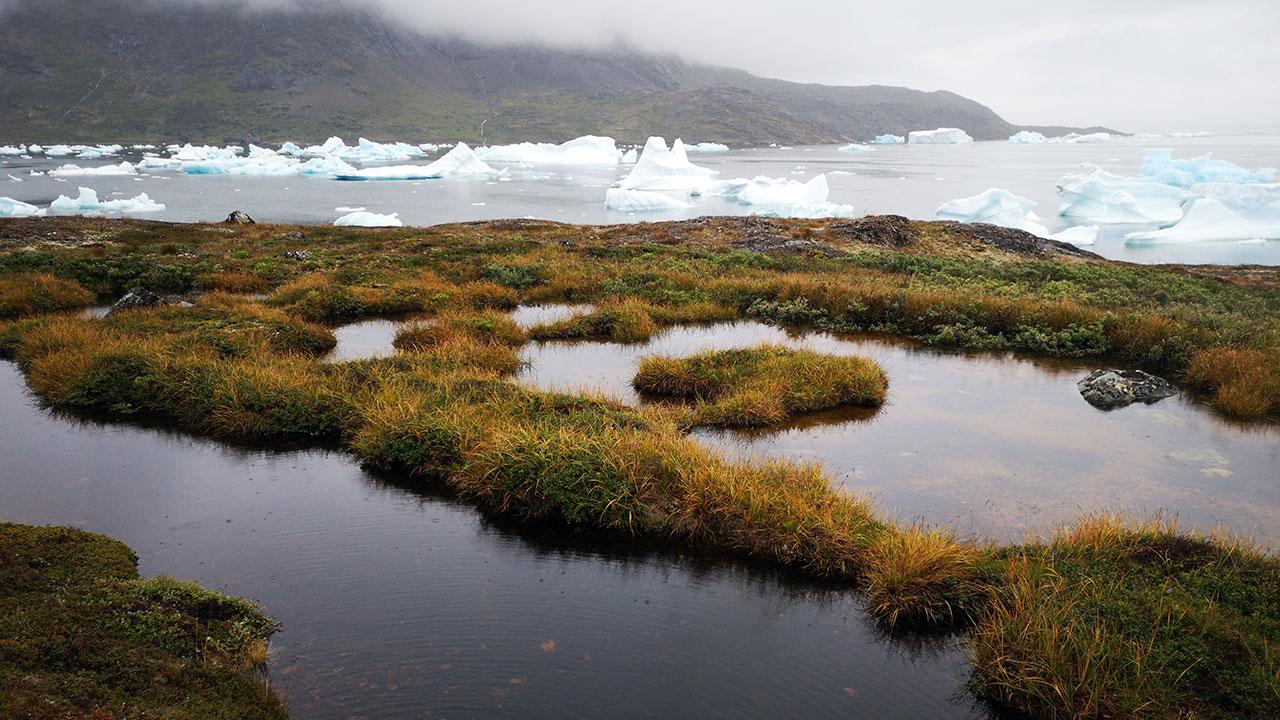 A landscape of a body of water with few small polar ice caps