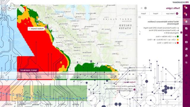 由OceansMap生成的地图，显示海浪和风力预测，以通知海上风力涡轮机维护要求